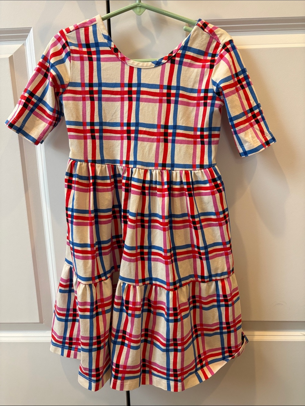 Hanna Andersson Cream Plaid Tiered Dress with Red & Blue Checks